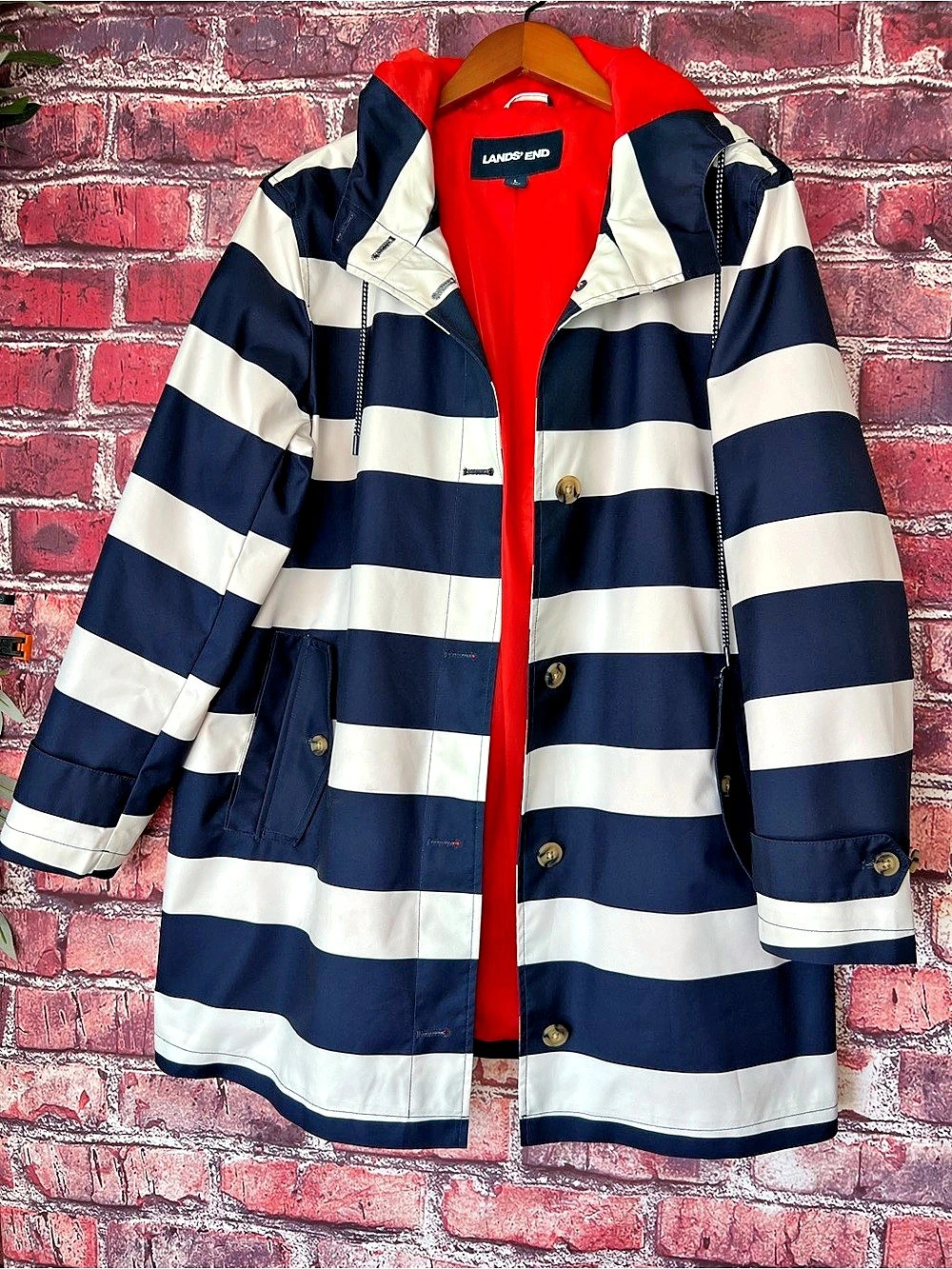 Lands' End Navy and White Striped Hooded Raincoat Size 14-16